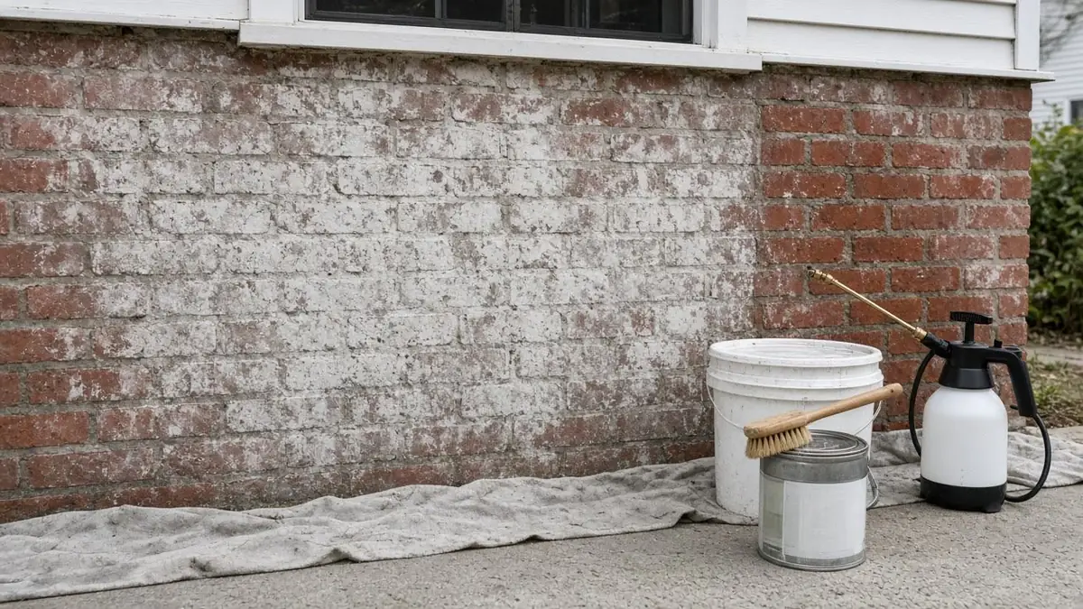 Red brick wall streaked with white salt deposits beside a bucket, brush and hand sprayer