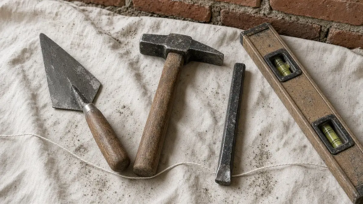 Brick trowel, mason's hammer, chisel and level laid out on a canvas drop cloth