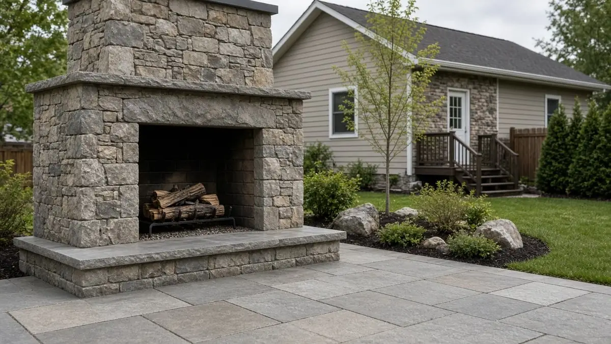 Stone outdoor fireplace with stacked logs on a raised hearth above a paver terrace