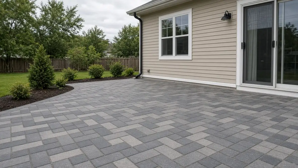Gray herringbone paver patio curving along a mulch bed beside a sliding glass door