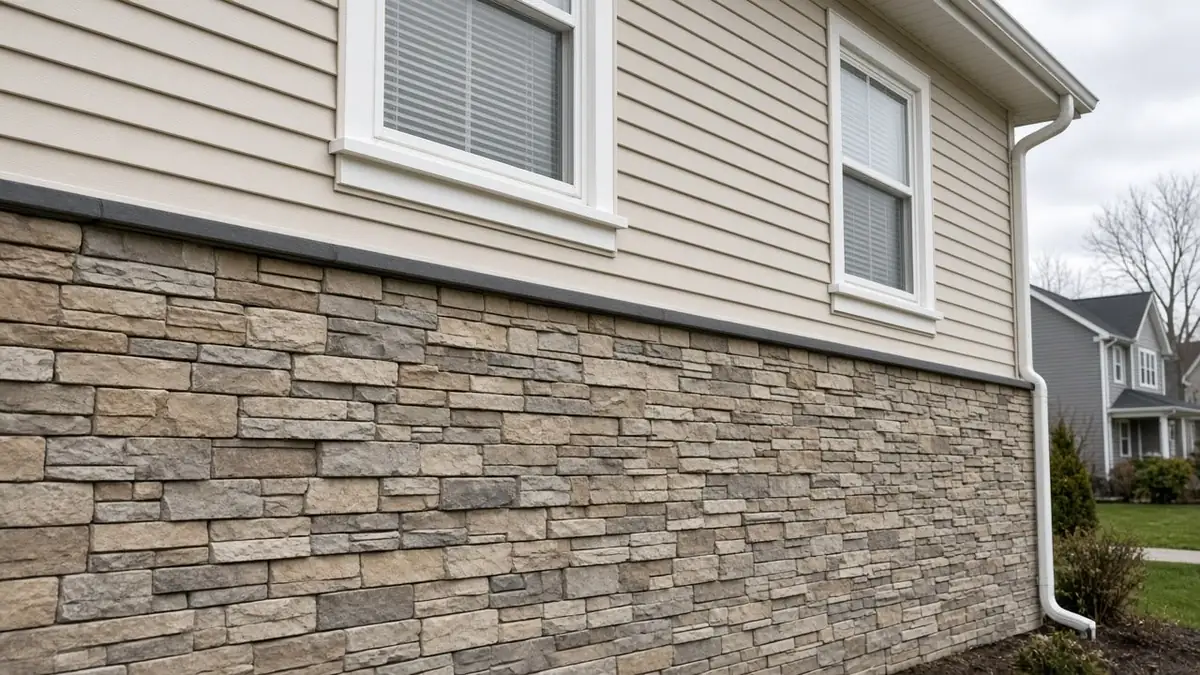 Mixed tan and gray stone veneer skirt under cream vinyl siding beside a white downspout